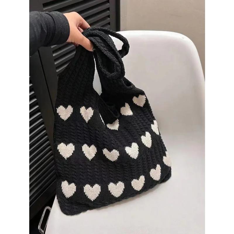 Knitted Handbags Heart Pattern Blocking Crochet Shoulder Bags Large Capacity Fashion Beach Bag Versatile Commute Woven Bag