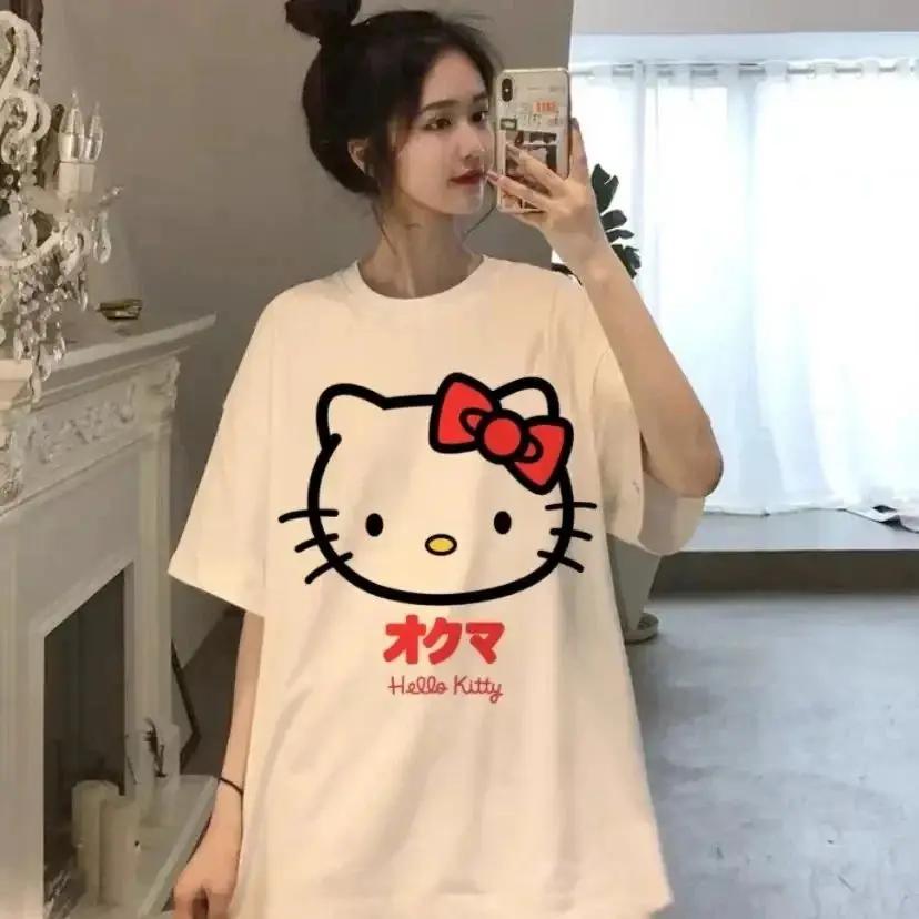 Кавайные Топы Hello Kitty Y2K Корея Хлопок Аниме Милые Летние Свободные Женские Парные Мода Свободная Удобная Хлопковая Футболка Топы
