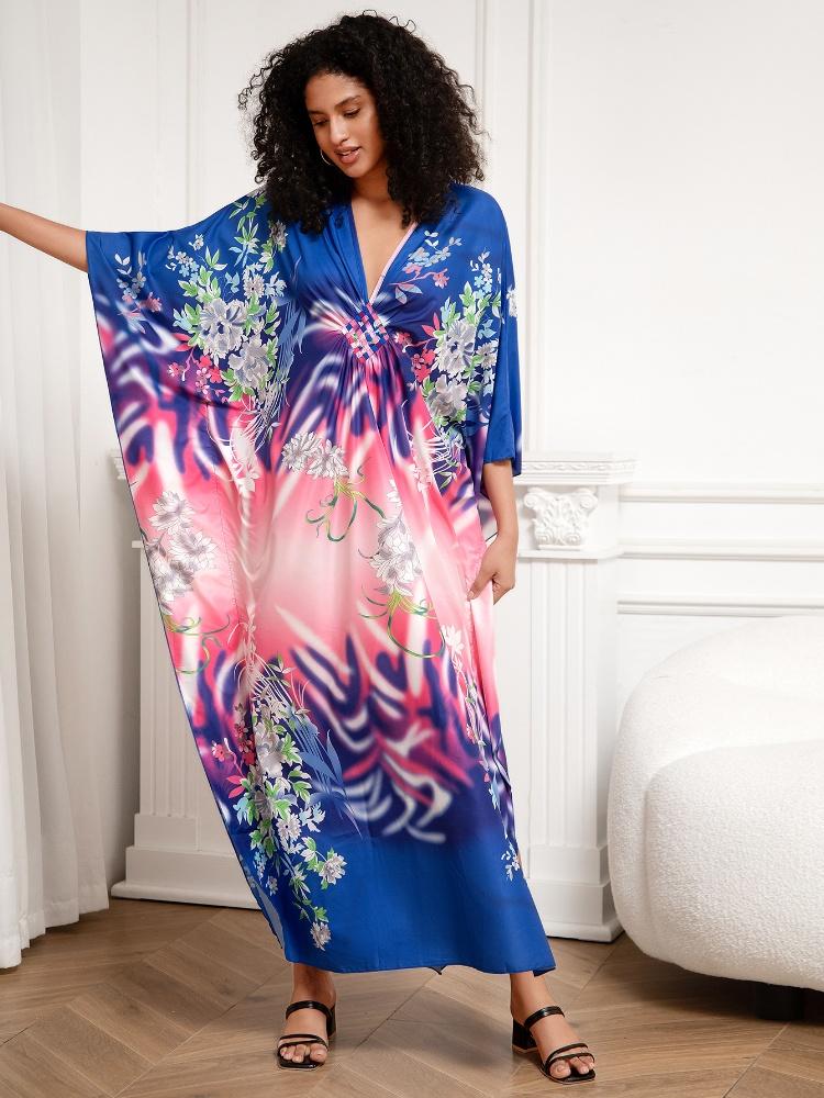 EDOLYNSA Classy Oversized Blue Bohemian Women's Kaftan Robe Holiday Party Dress Light jacket Swimsuit cover-up Lounge wear Q1289