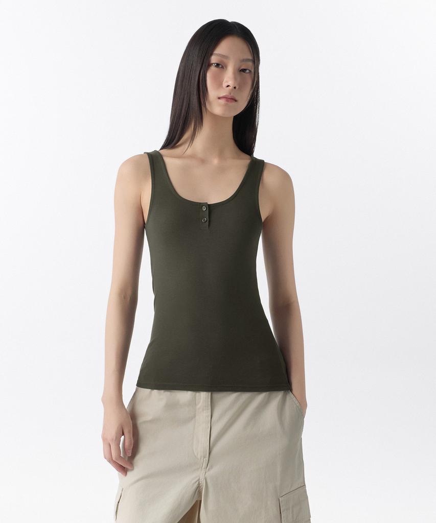 MUSINSA STANDARD WOMAN Женский мягкий джерси-топ-henley [Темный оливковый]