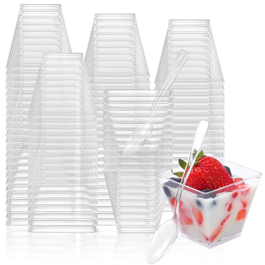 100PCS 2oz Square Mini Dessert Cups With Spoons Clear Plastic Mousse Cup Disposable Supplies for Tasting Party Dessert Appetizer