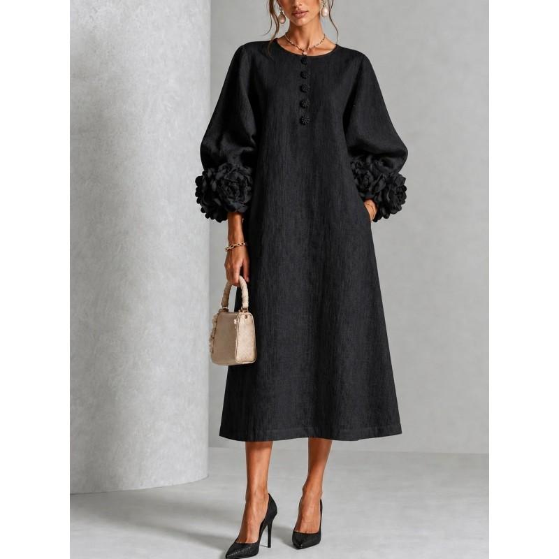 2026 French 3D Floral Lantern Sleeve Button Cotton Linen Midi Dress Women