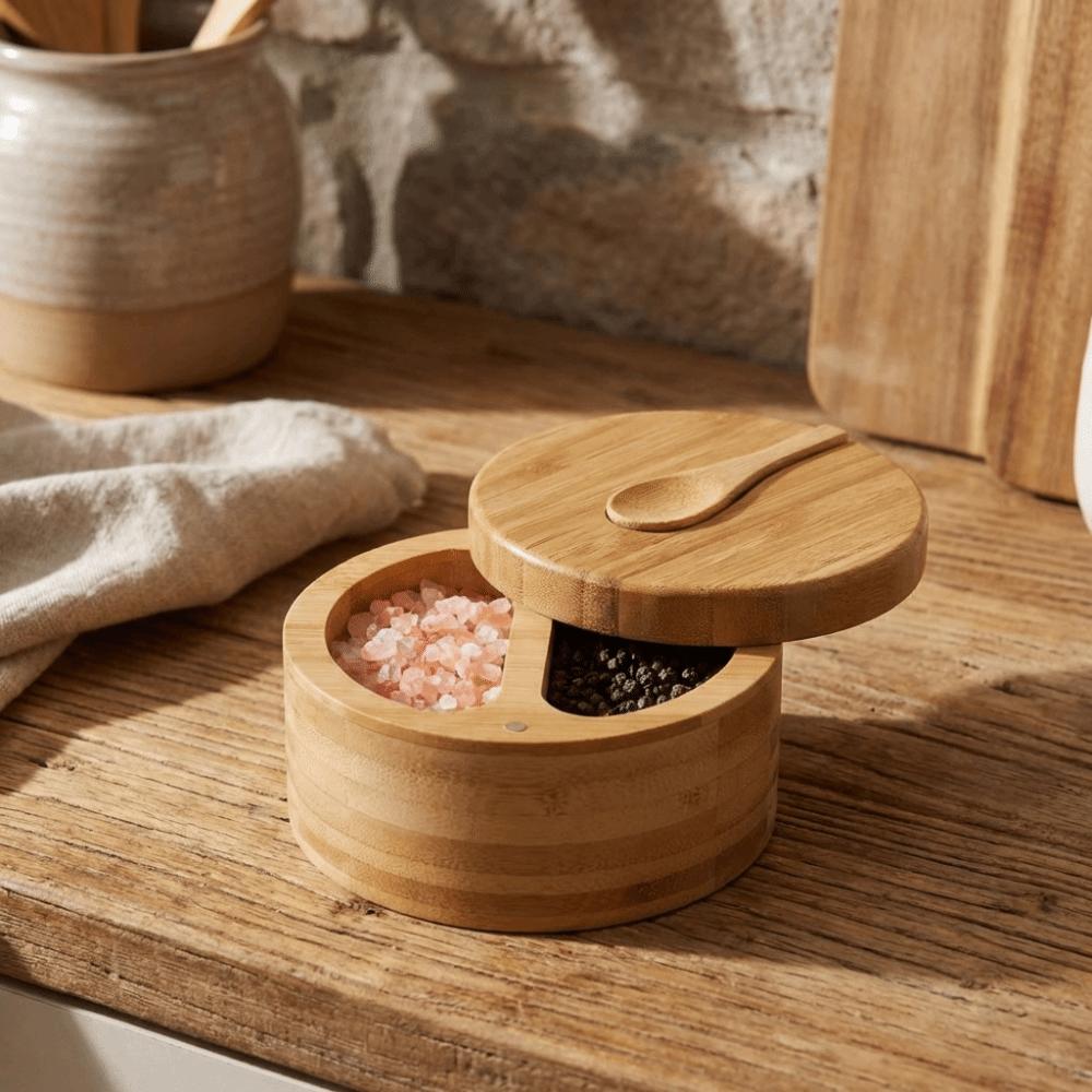 Деревянная коробка для специй с поворотной крышкой, многофункциональные кухонные емкости для приправ, резервуар для специй, настольное хранение