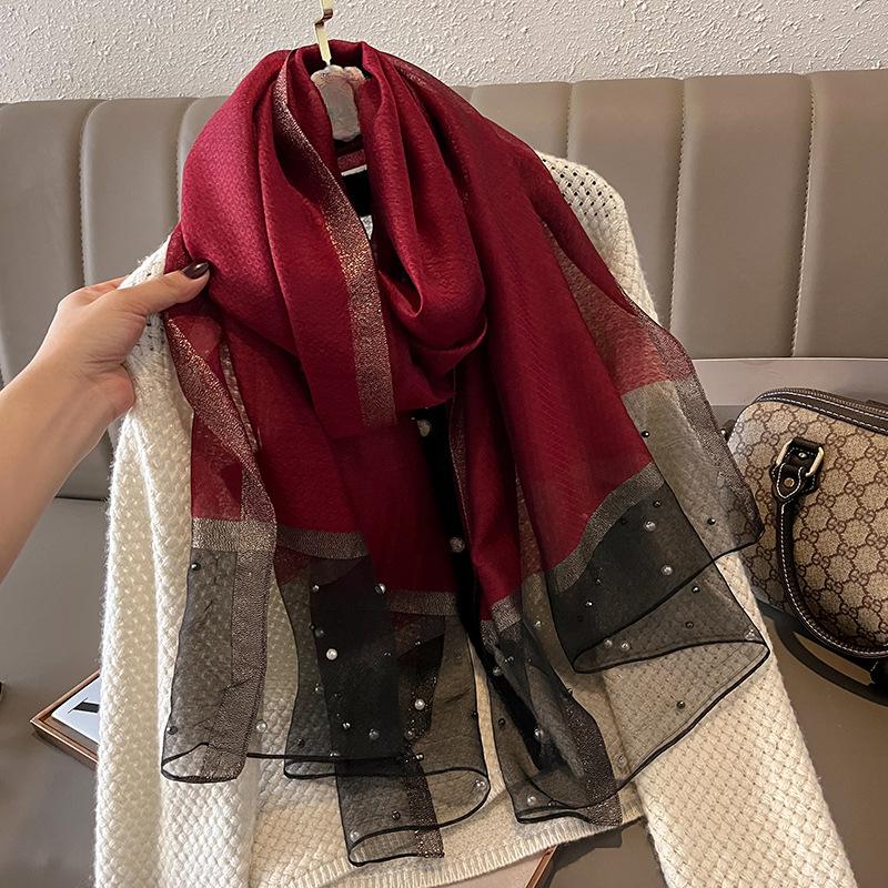 Spring/Summer Comfortable Imitation Silk Print Wraps Elegant Breathable Beaded Scarf for Women Casual Classic Breathable Shawl