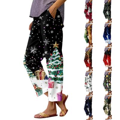 Женские модные повседневные брюки с прямыми карманами и эластичной талией с рождественским принтом