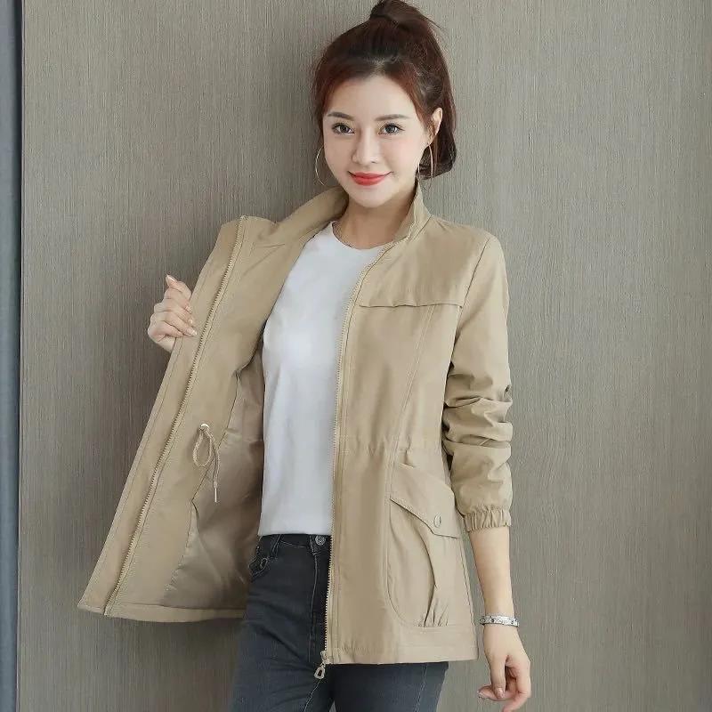 Women's Spring and Autumn Design Double-layer Zipper Collar Waist Thin Trench Coat Solid Color Slim Elegant Jacket