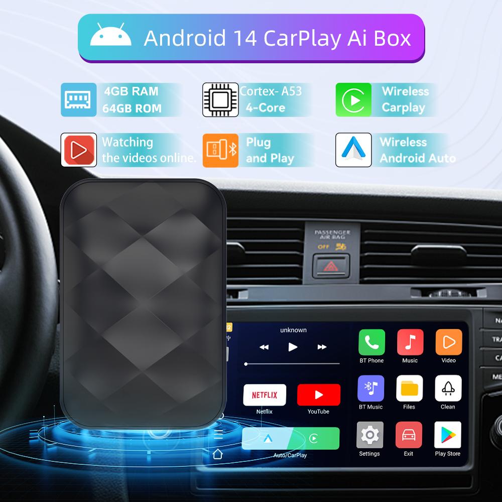 3 в 1 Android14 Беспроводной Carplay Android Auto 2025 Новый Адаптер Обновление Plug&Play Для Youtube Netflix Донгл Беспроводной Автомобильный AI ТВ-БОКС