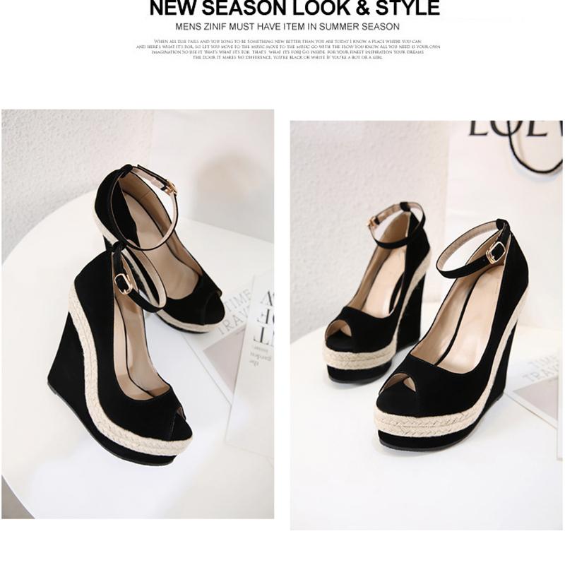Aneikeh/летняя женская обувь, сандалии на платформе, сандалии-гладиаторы из флока, модные туфли на танкетке с пряжкой и ремешком, вечерние черные туфли на каблуке с круглым носком, размеры 35–42