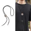 Men's Western Bolo Tie with Flower Pattern Metal Pendant Adjustable Leather Rope Necktie Vintage Necklace Shirt Chain