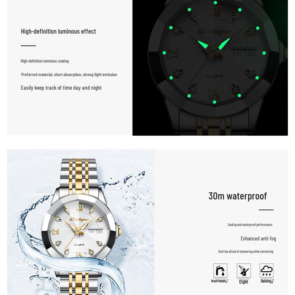 Новые швейцарские женские водонепроницаемые светящиеся наручные часы с двойным календарем