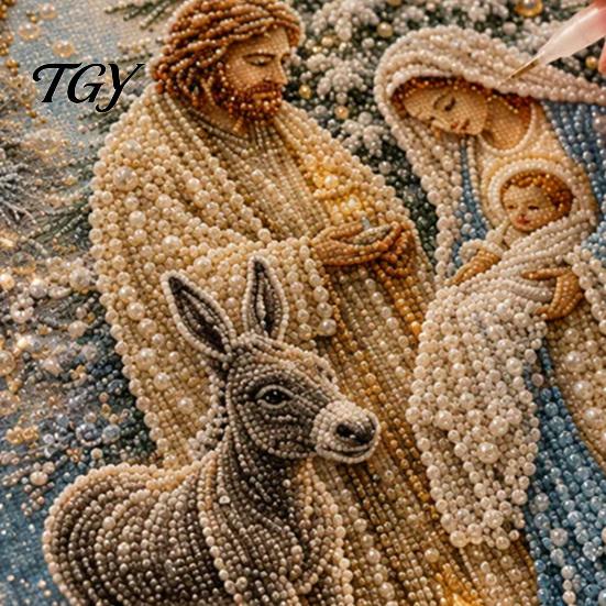 Handmade Religious Crafts Nativity Faux Pearl Art Kit, Holy Family Painting DIY Spiritual Wall Display 3D Craft Set for Adults, Home Christmas