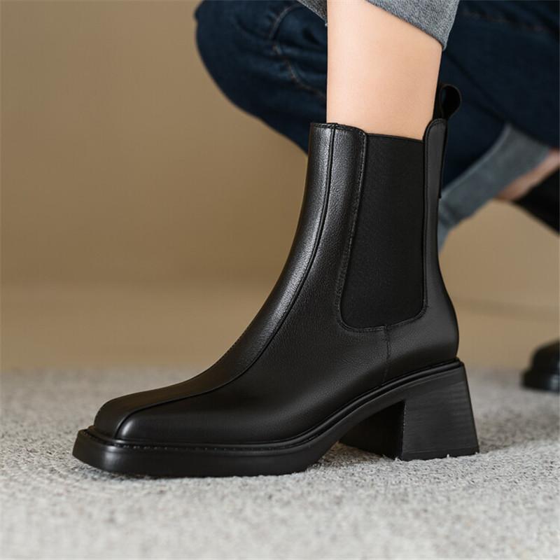 Мода Новые Осенне-зимние Женские Ботинки из Натуральной Кожи Модные Ботинки Квадратный Носок Массивный Каблук Ботинки для Женщин Высокий Каблук Zapatos Mujer