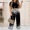 Women Plus Size Round Neck Short Sleeve Printed Crop Top Black Gold Silver Wide Leg Pants Two Piece Set