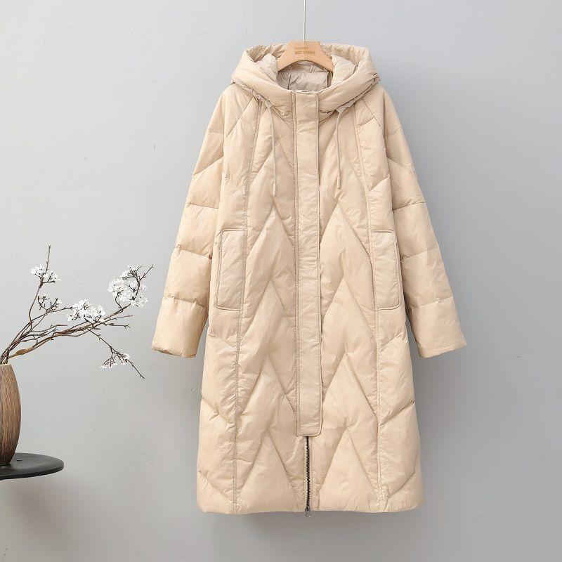 Средняя и длинная куртка-пуховик 2024 года, новинка зимы, литературная мода, повседневная, с капюшоном, на шнуровке, однотонная, белая куртка-пуховик большого размера