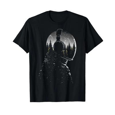 Astronaut Music Headphones Art T Shirt Vintage Streetwear Soft Slightly Fashion Stretched Top For Everyday Wear Unisex