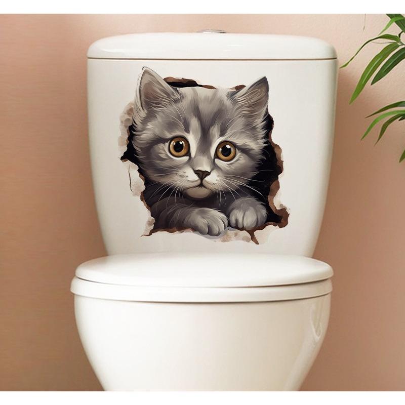 Креативная реалистичная 3D наклейка на унитаз с милым котом Vision, забавная наклейка с изображением животных для ванной комнаты, декор крышки унитаза, самоклеящаяся ПВХ, водонепроницаемая картина