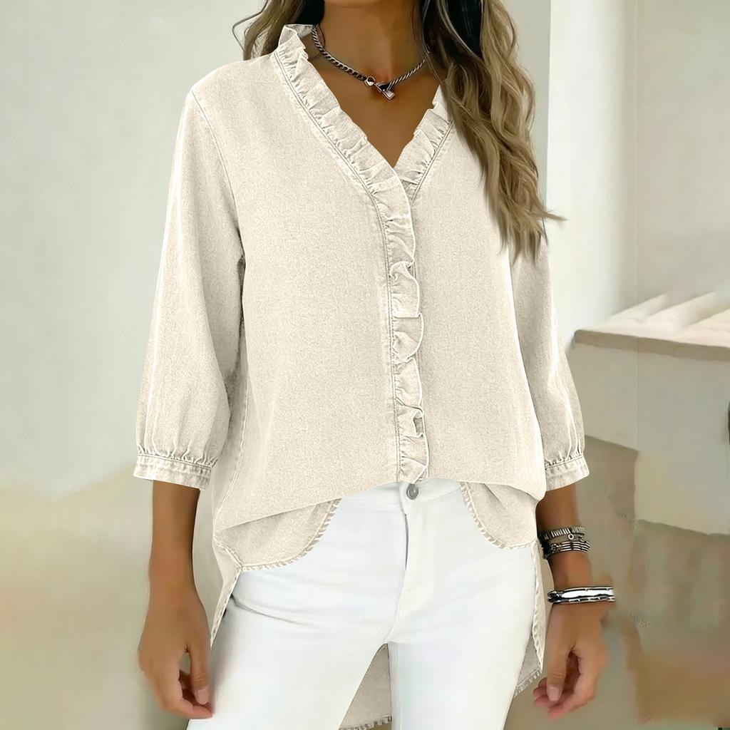 Женская модная повседневная джинсовая блузка с V-образным вырезом и оборками