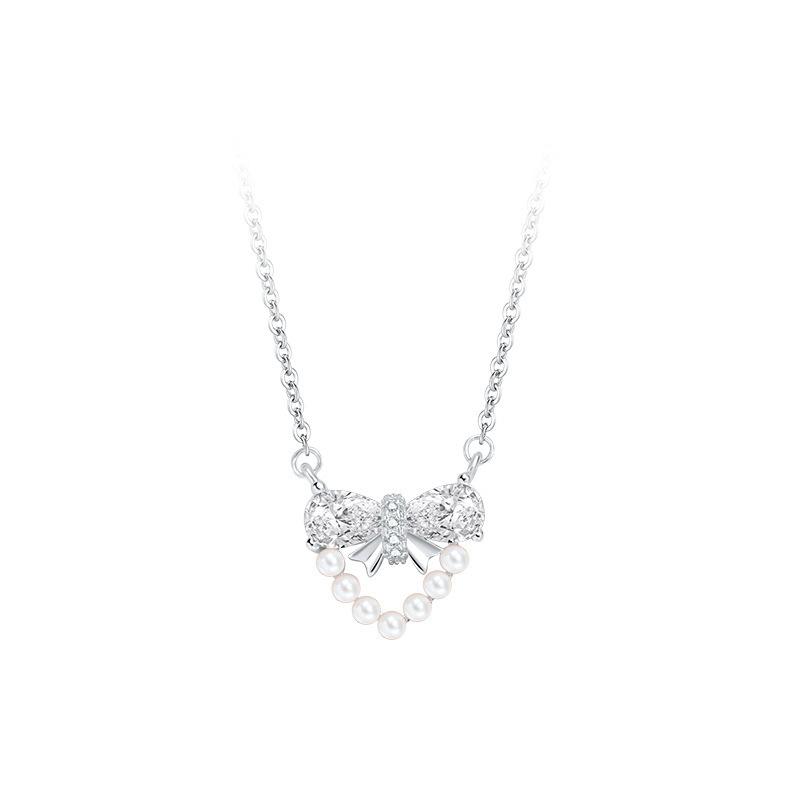S925 sterling silver rhinestone bow pearl necklace for women, French design beautiful heart pendant, niche necklace