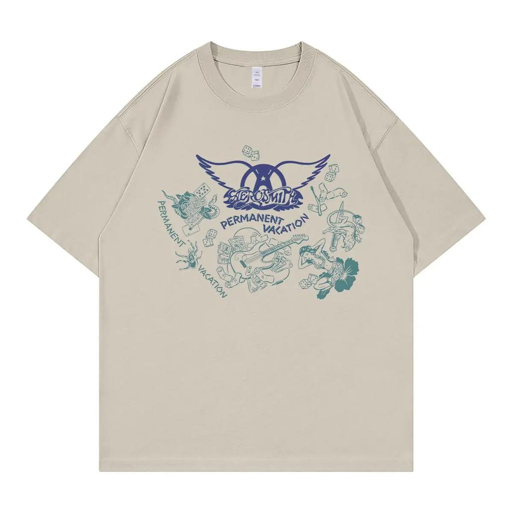 Винтажная американская футболка группы Aerosmith, уличная повседневная, VTG, с открытыми плечами, свободная, с круглым вырезом, рок, с коротким рукавом
