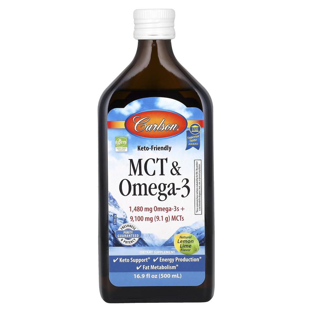 Carlson MCTs and Omega-3s, Natural Lemon Lime, 16.9 Fl Oz (500 Ml)