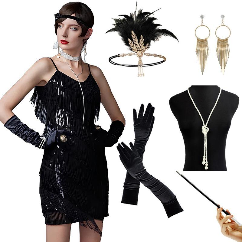 Gatsby Plus Size Dress Beaded Tassel Collar Suspender Evening Dress Vintage Sequin Dress Latin Dance