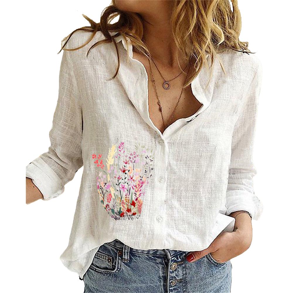 Женская модная рубашка с длинным рукавом и лацканами, напечатанная из хлопка и льна, на пуговицах, повседневные блузки с принтом