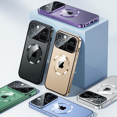 Роскошный алюминиевый металлический магнитный чехол Magsafe для iPhone 16 15 14 13 12 Pro Max Plus с большой стеклянной защитой объектива и возможностью беспроводной зарядки