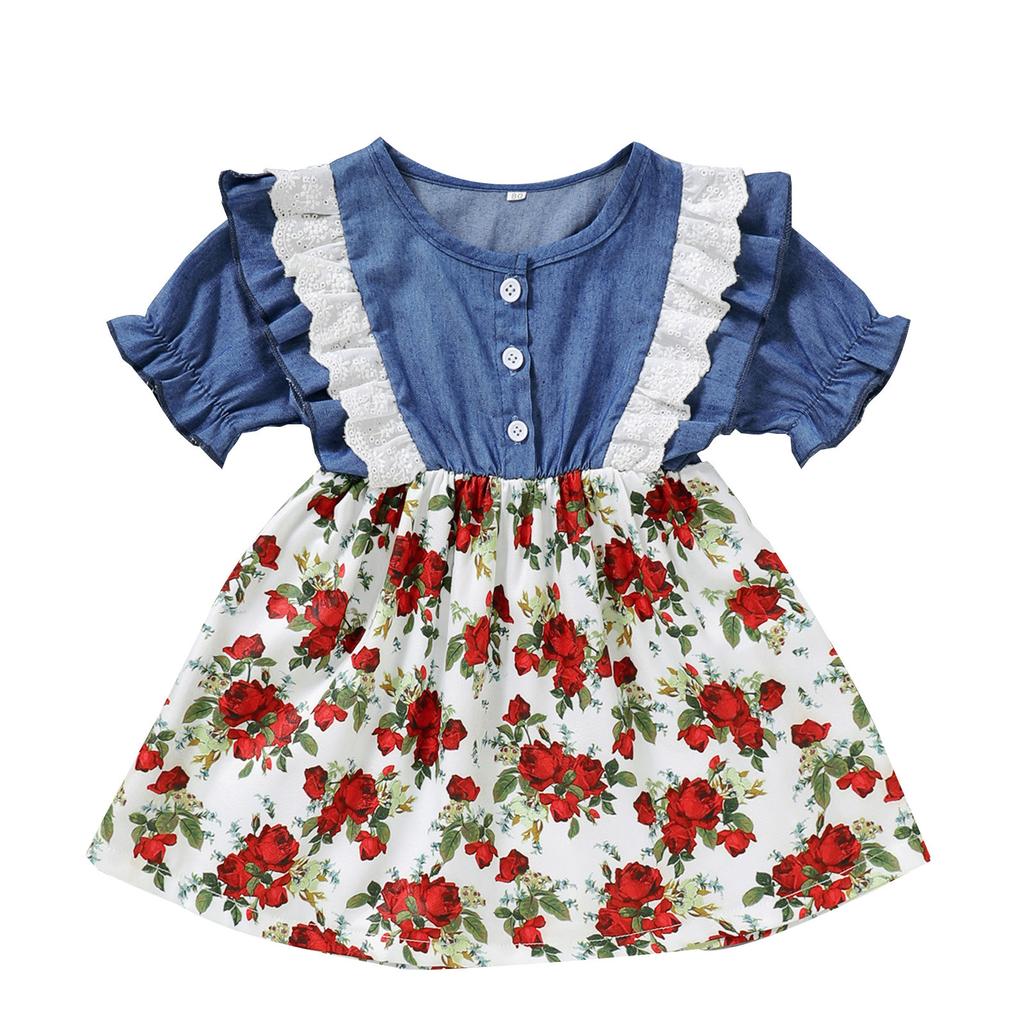 Для малышей, малышей, девочек, цветочные кружева, оборки, джинсовое платье, наряды принцессы, одежда