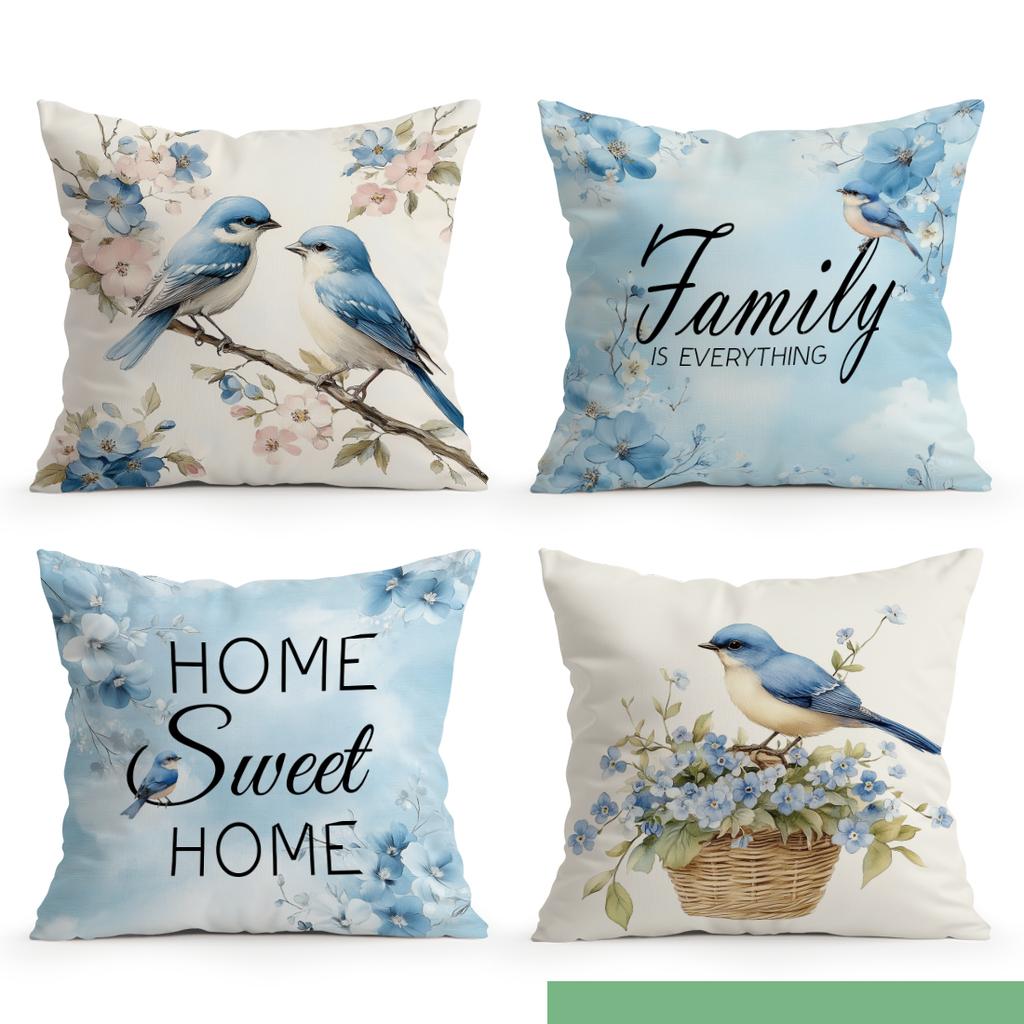 4 Pcs Rural Spring Flowers Birds Plants Blue Series Single-Sided Printed Pillowcase For Bedroom Living Room Car