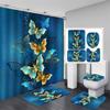 4pcs Blue-Golden Butterfly Shower Curtain Set with Rug, Toilet Lid Cover, Bath Mat, and Waterproof Polyester Curtain for Windows