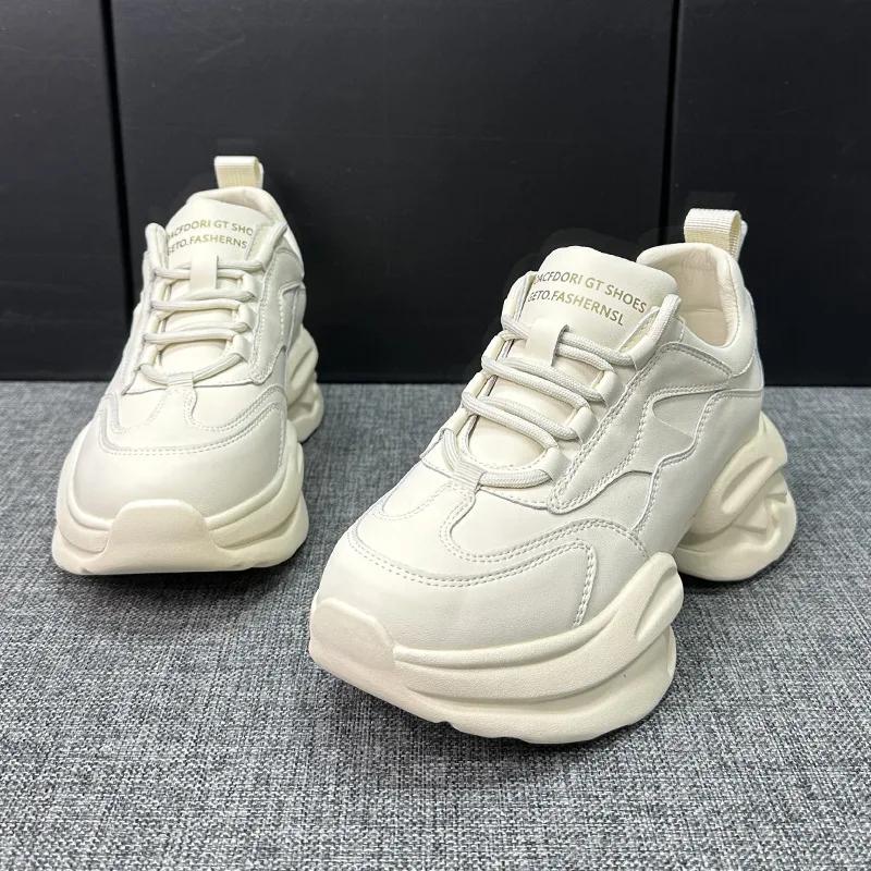 Кроссовки на платформе женские роскошные из натуральной кожи весна осень новые высокие толстые подошвы повседневные спортивные туфли дермис женские туфли