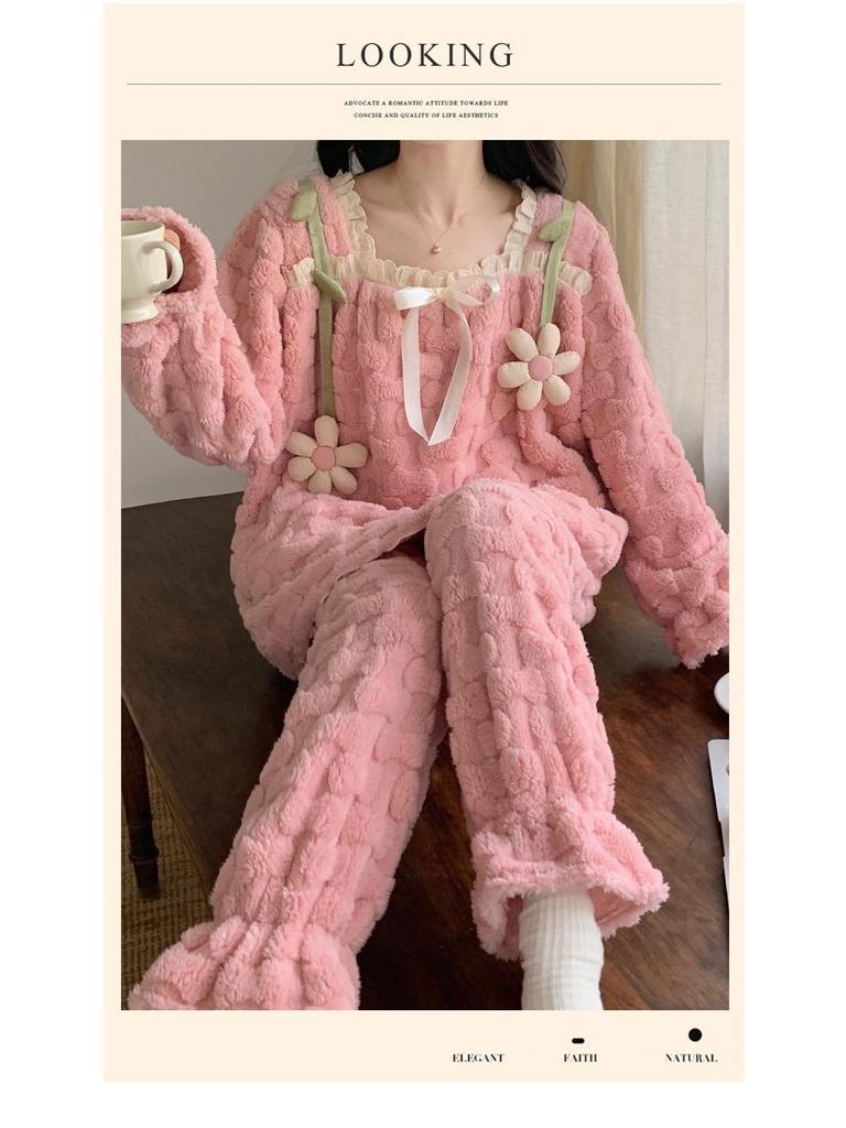 Женская пижама в стиле принцессы из кораллового вельвета - Осеннее кружево, Толстый и теплый домашний костюм