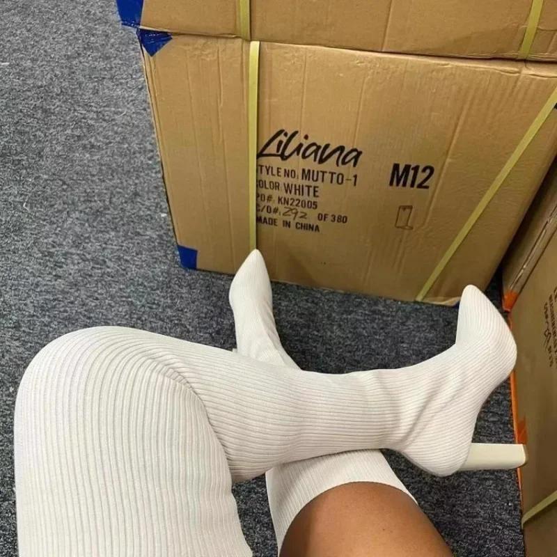 Сексуальные тонкие эластичные сапоги выше колена коричневые фиолетовые с острым носком на высоком каблуке женские туфли вязаные тонкие носки сапоги большие