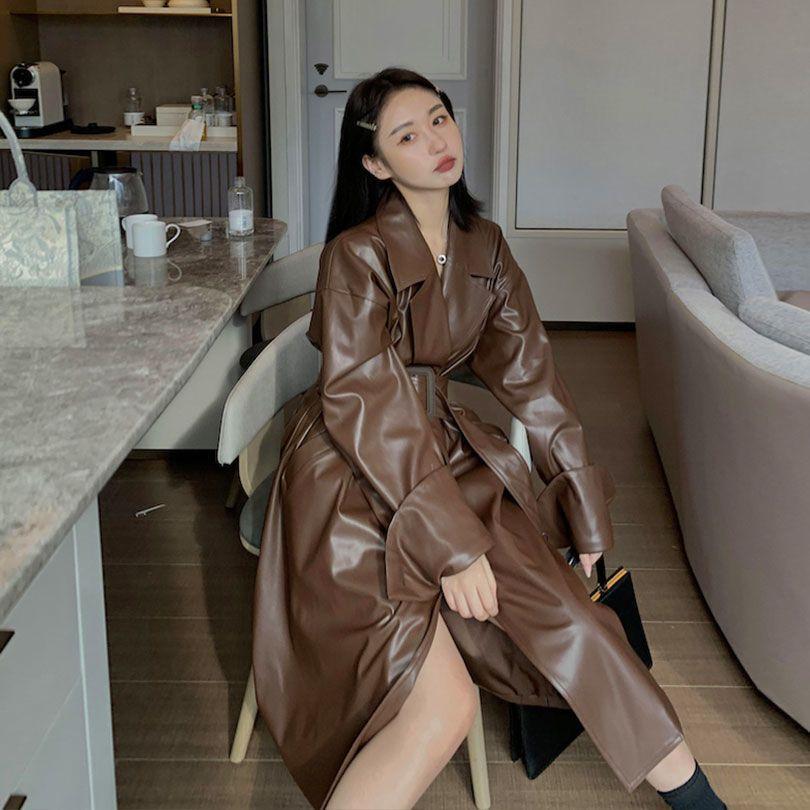 Длинный кожаный плащ большого размера для женщин, свободный крой с длинными рукавами и лацканами, осенняя стильная черная одежда, уличная одежда