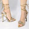 Sexy Ankle Strap Gold Sandals Women Party Nightclub Stripper Heels Stiletto Sandals Crystal Diamond Pointed Toe Wedding Shoes