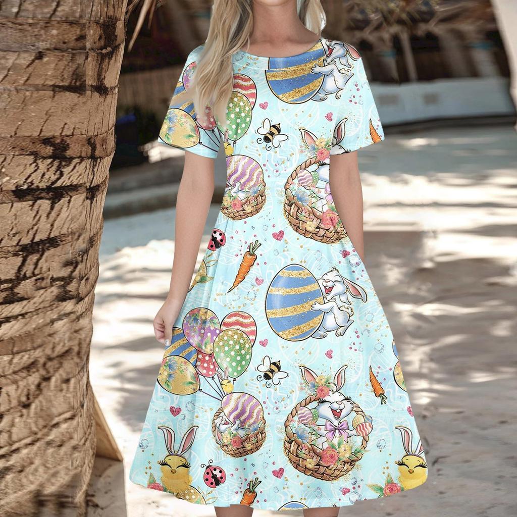 Женское повседневное модное платье с пасхальным принтом, круглое платье с коротким рукавом и талией, средней длины (с молнией)