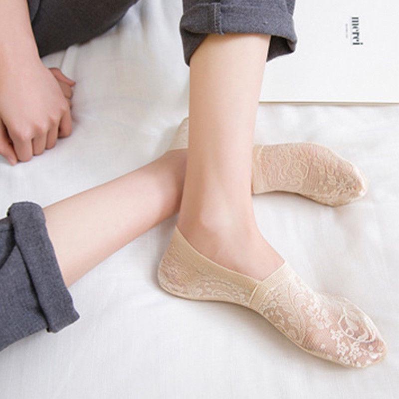 5 Pairs Women Lace Socks Boat Invisible Anti-Skid Ankle Socks Low Cut No-show Non-Slip Liner Slipper Socks