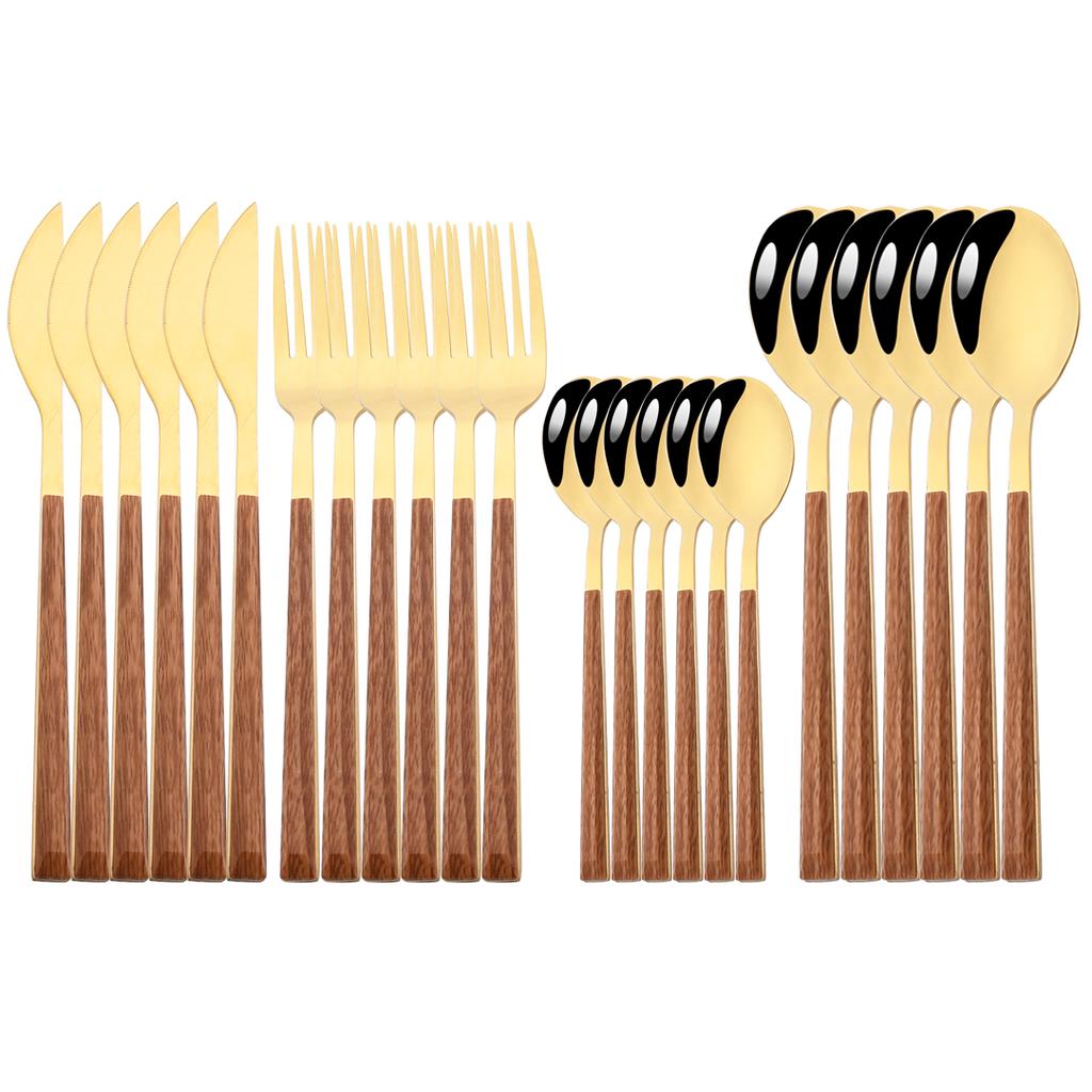 16/24/30Pcs Gold Imitation Wooden Handle Dinnerware Cutlery Set Stainless Steel Tableware Knife Fork Spoons Silverware Western Flatware