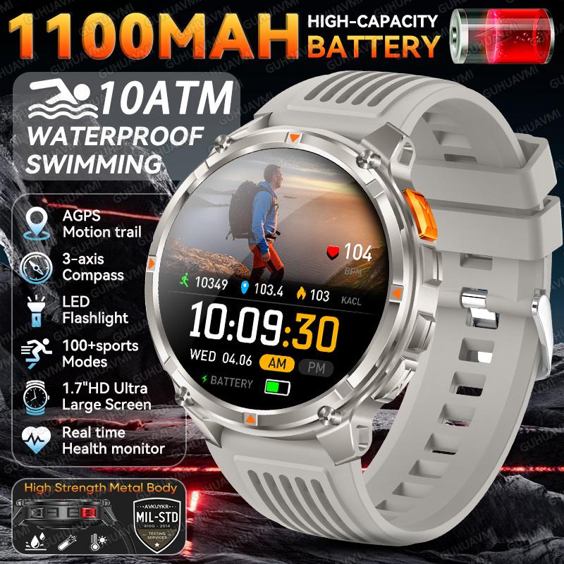 Новые мужские военные умные часы 1100 мАч с прочным аккумулятором, GPS, компасом, водонепроницаемостью 10 ATM, 1,7-дюймовым AMOLED-экраном, для активного отдыха и плавания