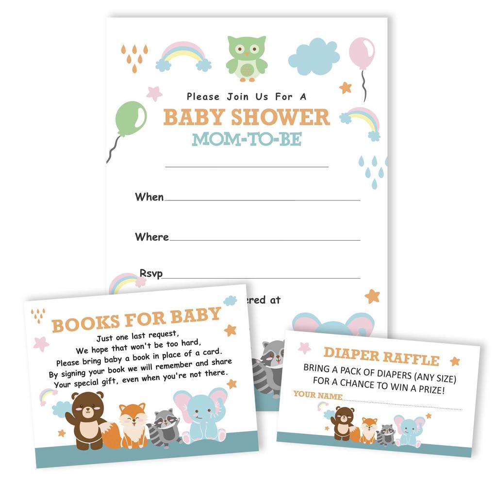 Inkdotpot 30 Карточек-приглашений на детский праздник в честь будущего ребенка с животными - Нейтральные по полу - Приглашения с пропусками для заполнения