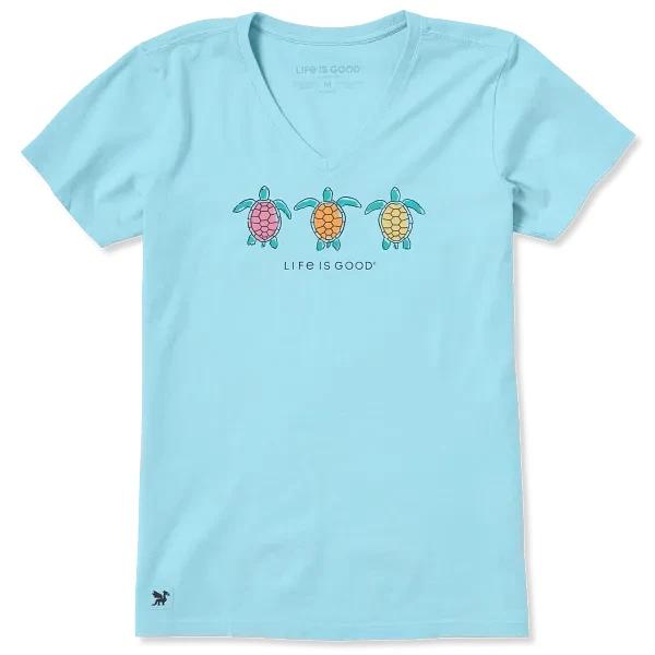 Life is Good. Women's Three Turtles Rally Short Sleeve Crusher Vee, Aqua Blue