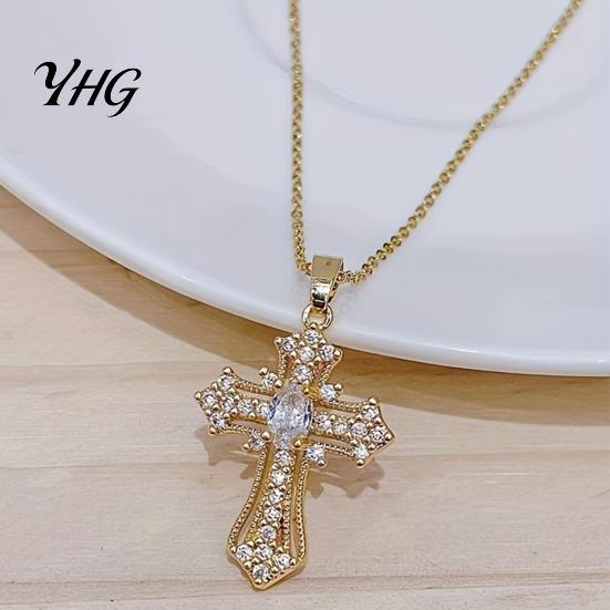 Durable Metal Base Necklace Catholic Christian Necklace, Retro Religious Pendant Colorful Rhinestone Daily Wear Statement for Women Wear, Jewelry Gift
