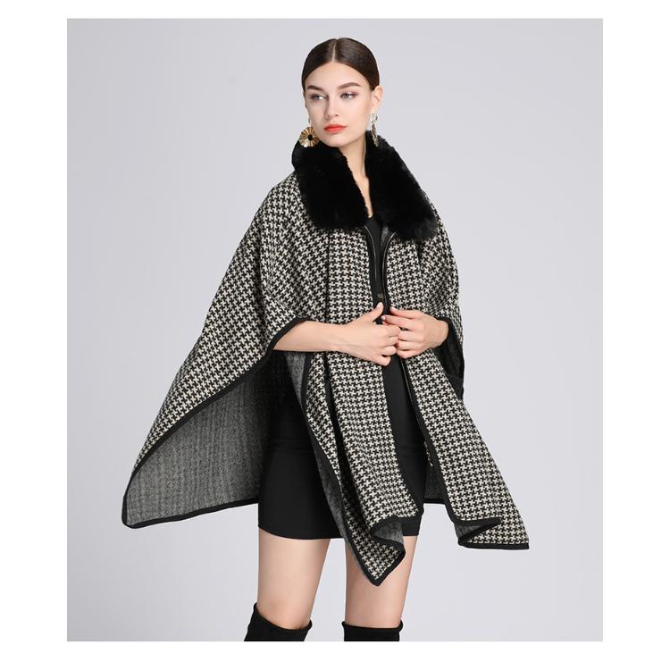 Зимняя женская накидка-шаль большого размера с меховым воротником и накидкой в клетку «Тысяча птиц» Свободный твидовый жакет