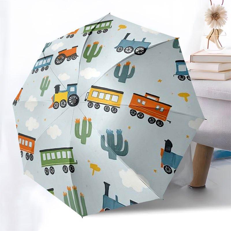 Train Adventure: Kids' Fabric with Trains,Cacti&CloudsUmbrella with Cute Design,Portable 3-Fold Compact Umbrella for Men&Women,Valentine's D