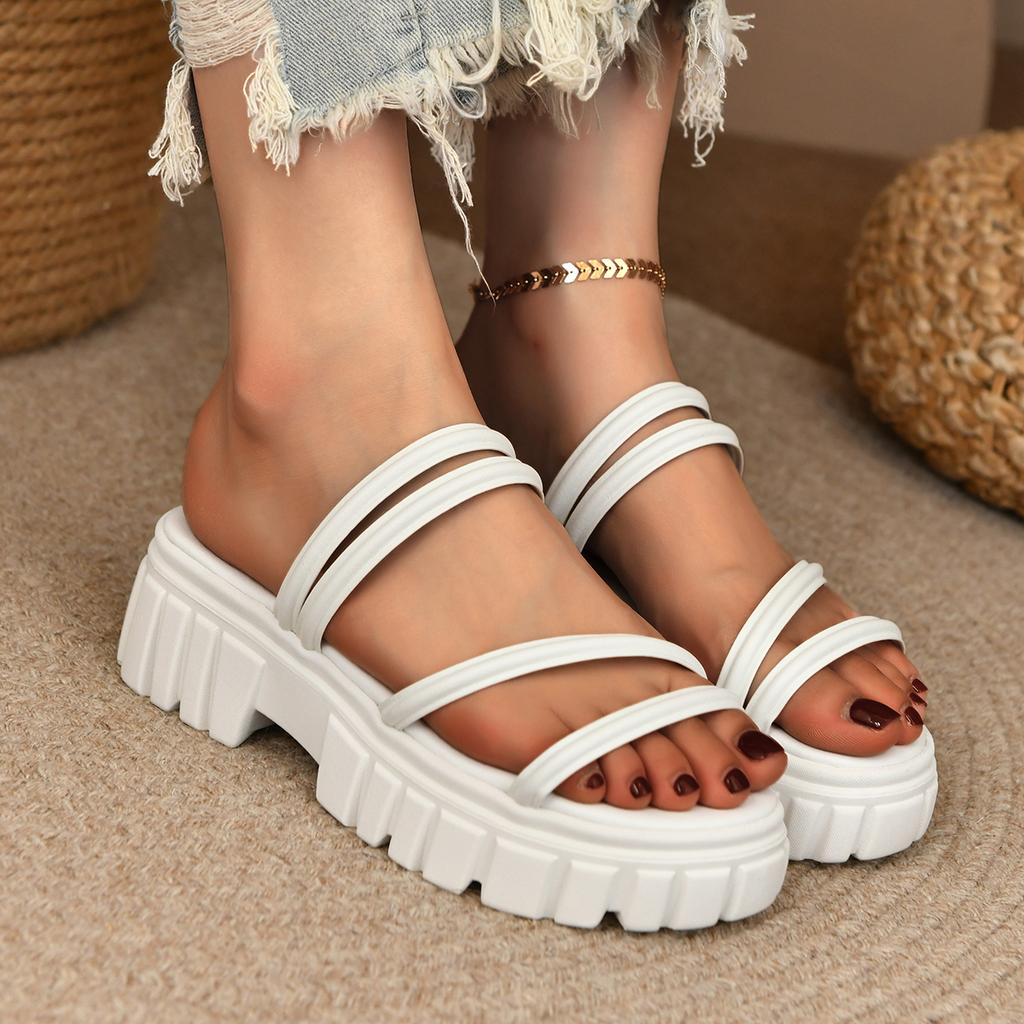 Fashion 2025 New Women Slippers Round Toe Slip-On Leather Comfortable Shoes Fashion Platform Sandals Roman Style Slippers Slides Women