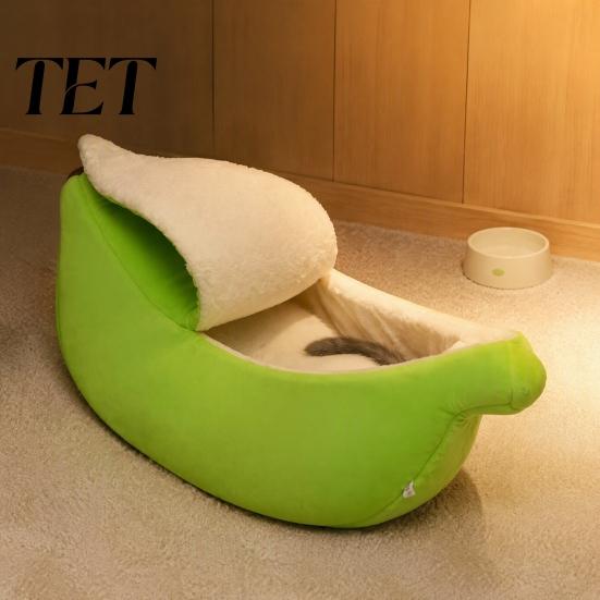Plush Pet Cave Bed with Lid Banana Cat Bed, Lid, Fleece Lined, Cozy for Indoor Cats Hideaway, Warm Semi Enclosed Cats, Small Dogs, Autumn Winter
