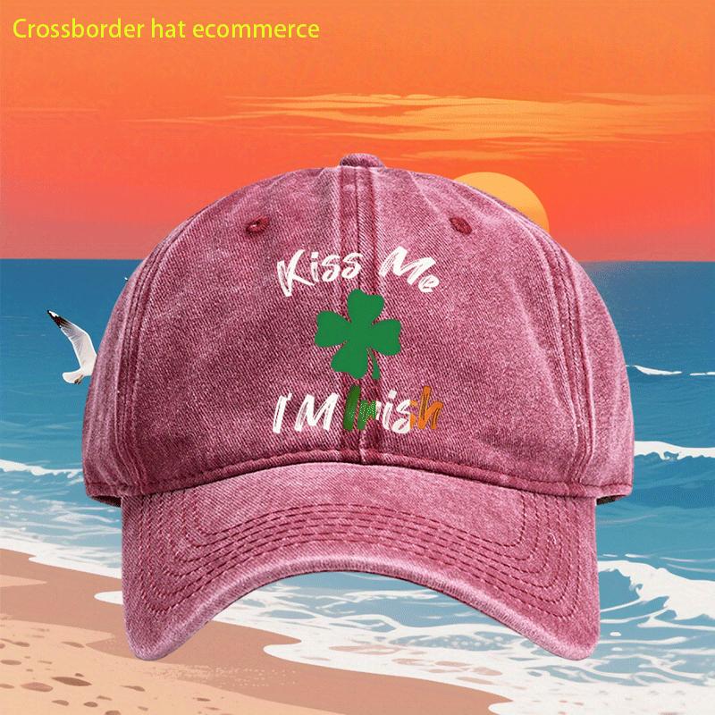 Kiss Me Im Irish Clover Washed Baseball Cap Vintage St Patricks Day Adjustable Unisex Hat