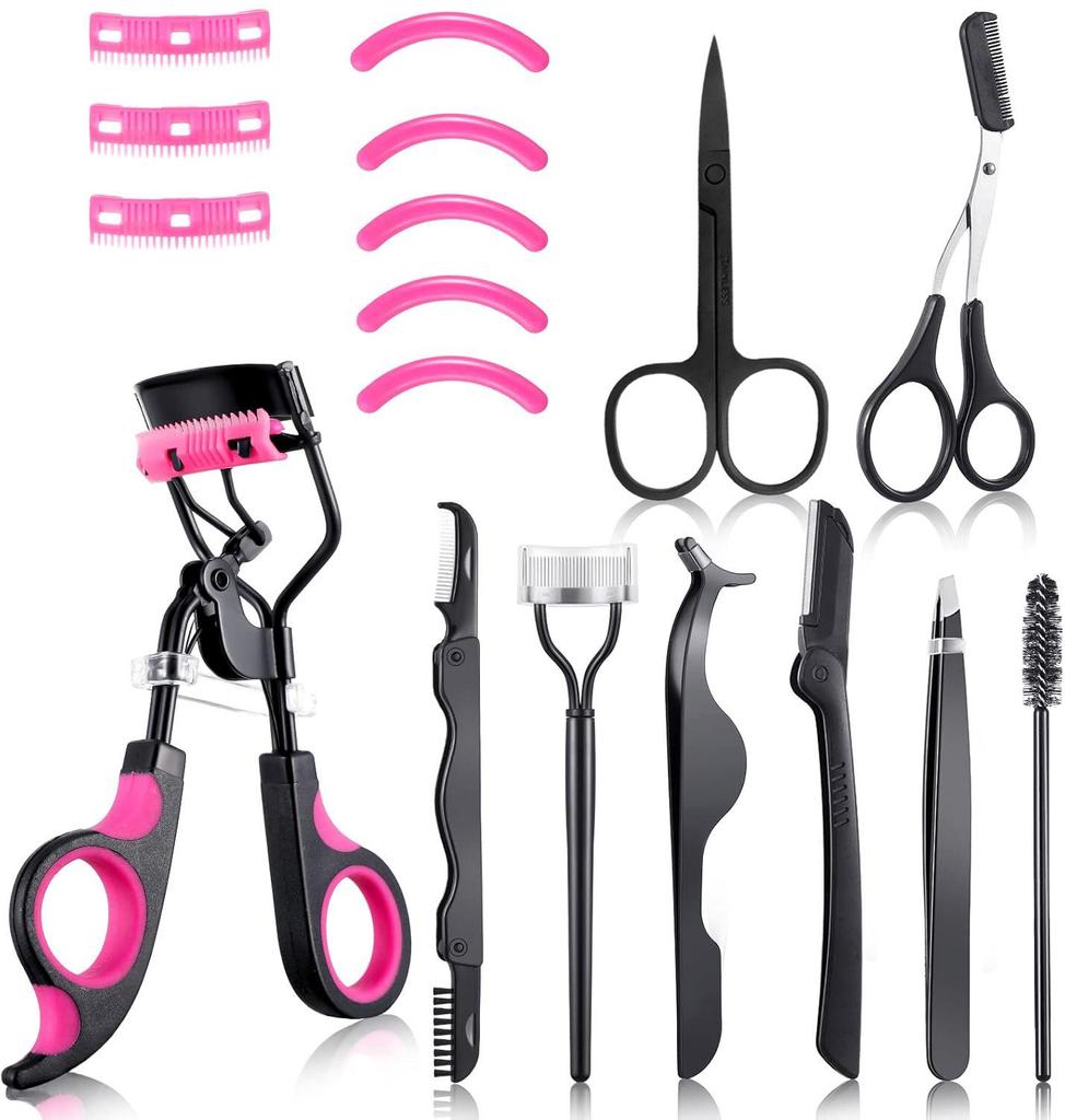 Щипцы для завивки ресниц с двухголовой складной расческой и набором из 4 предметов: В комплект входит многофункциональный косметический инструмент, щеточка для бровей, пинцет для накладных ресниц.