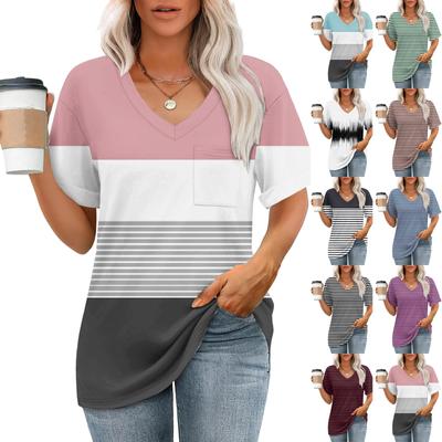 Модная футболка с коротким рукавом и V-образным вырезом, принтом в полоску