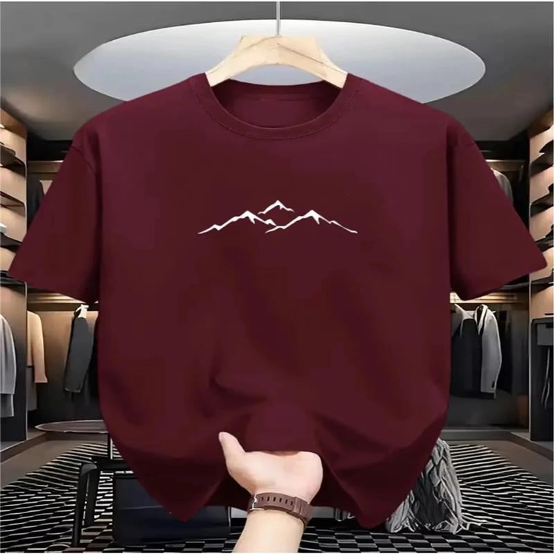 Unisex Summer Casual Loose Sports T-shirt, Mountain Pattern Print, Round Neck Short Sleeve, Fashion Daily Wear Top